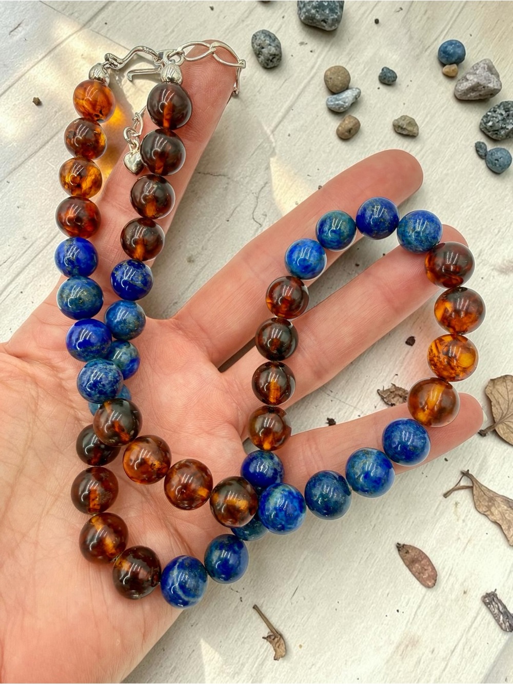 Jay King DTR Lapis Amber Bead Necklace Sterling 18-20” Adjustable Southwest Boho - Picture 14 of 17